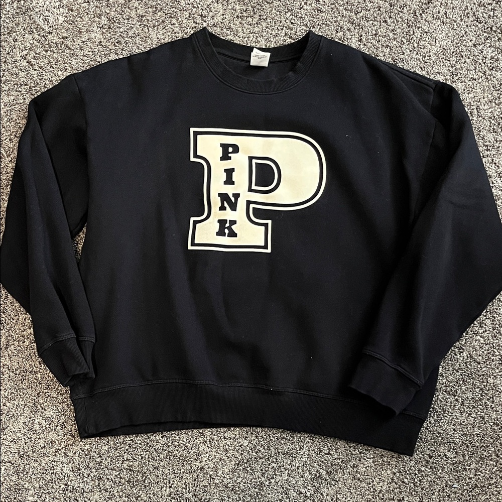 PINK Victoria's Secret Black and Cream Logo Sweatshirt